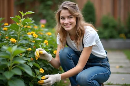 Jeune femme inspectant une feuille de laurier rose dans son jardin