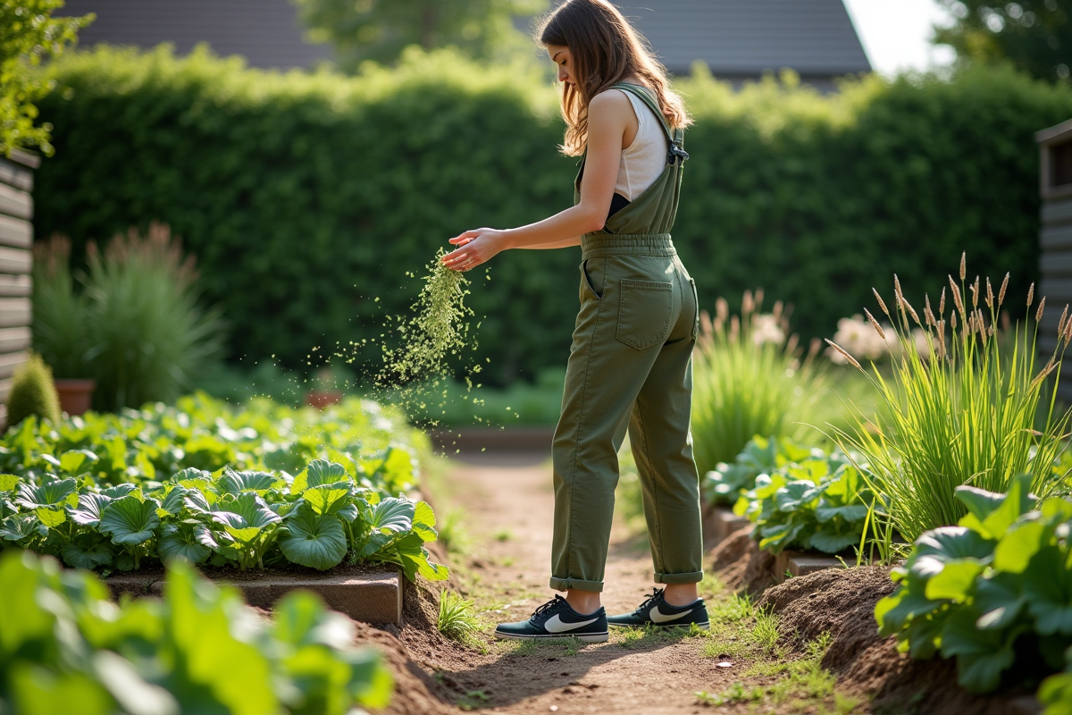 Jeune femme en salopette dispersant des herbes coupées dans le jardin