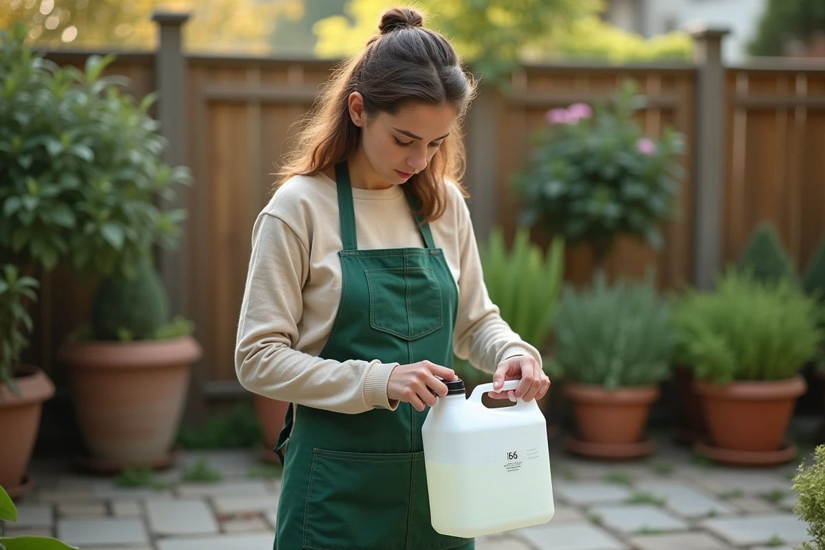 Jeune femme jardinant mélangeant Roundup dans un pulvérisateur