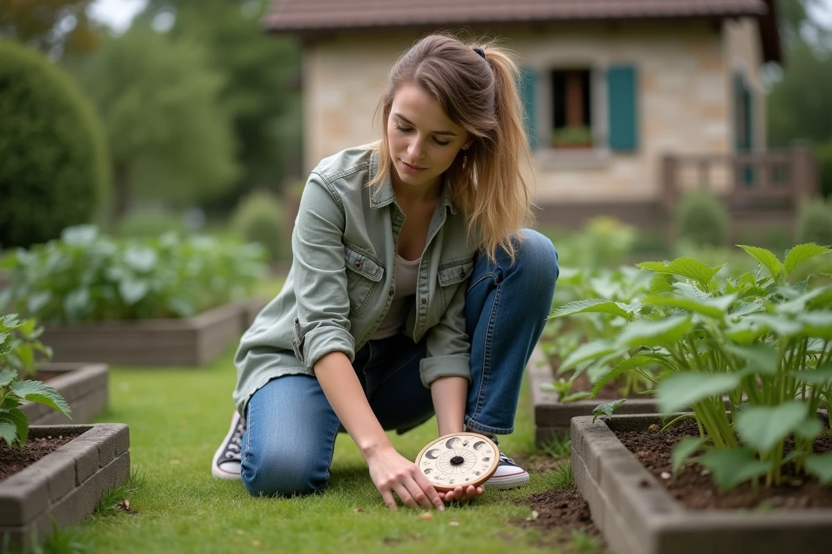 Jeune femme plantant des haricots avec un calendrier lunaire