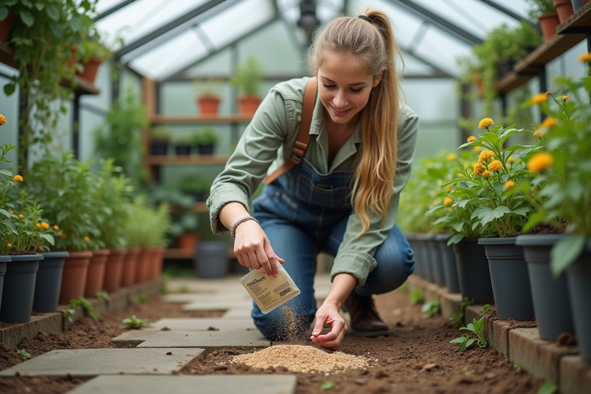 Jeune femme appliquant des granulés de fongicide dans une serre