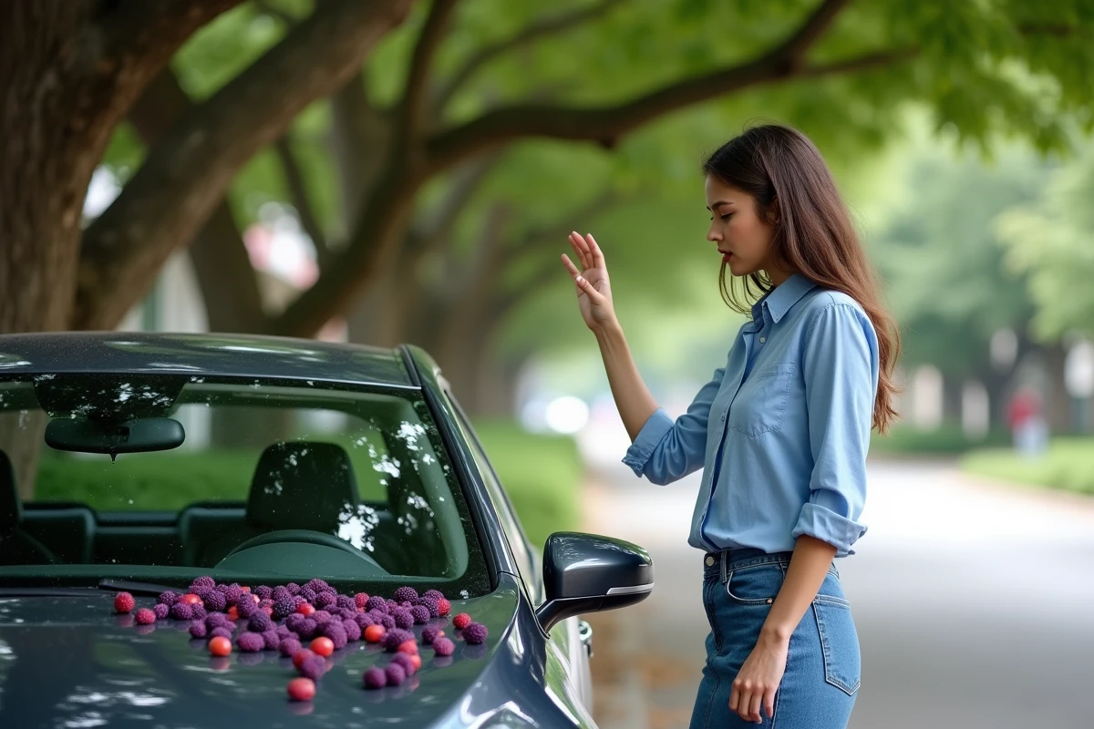Jeune femme regardant une voiture tachée de mûres tombées