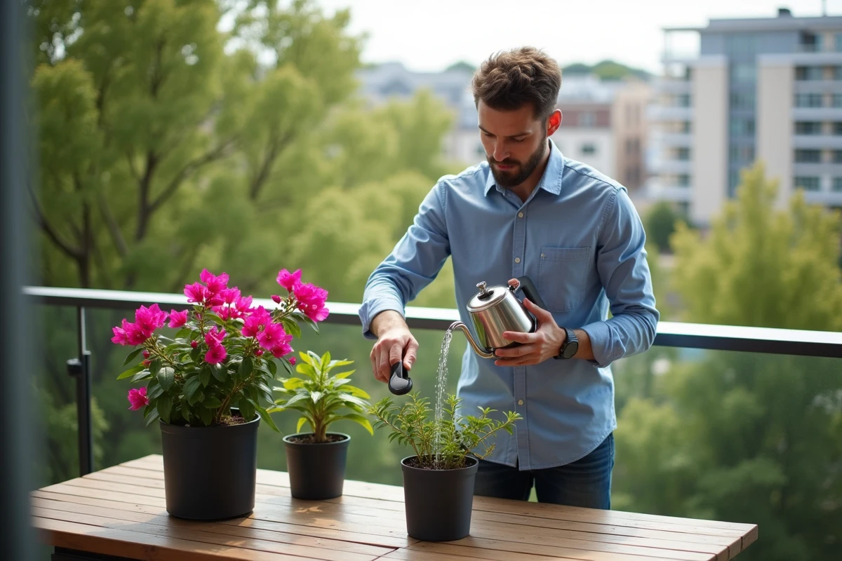 Jeune homme arrosant une bougainvillée en ville