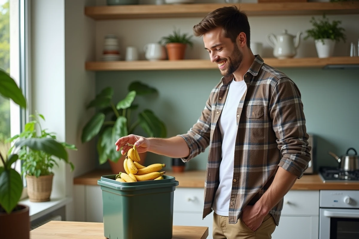 Jeune homme en cuisine déposant des peaux de banane dans un compost