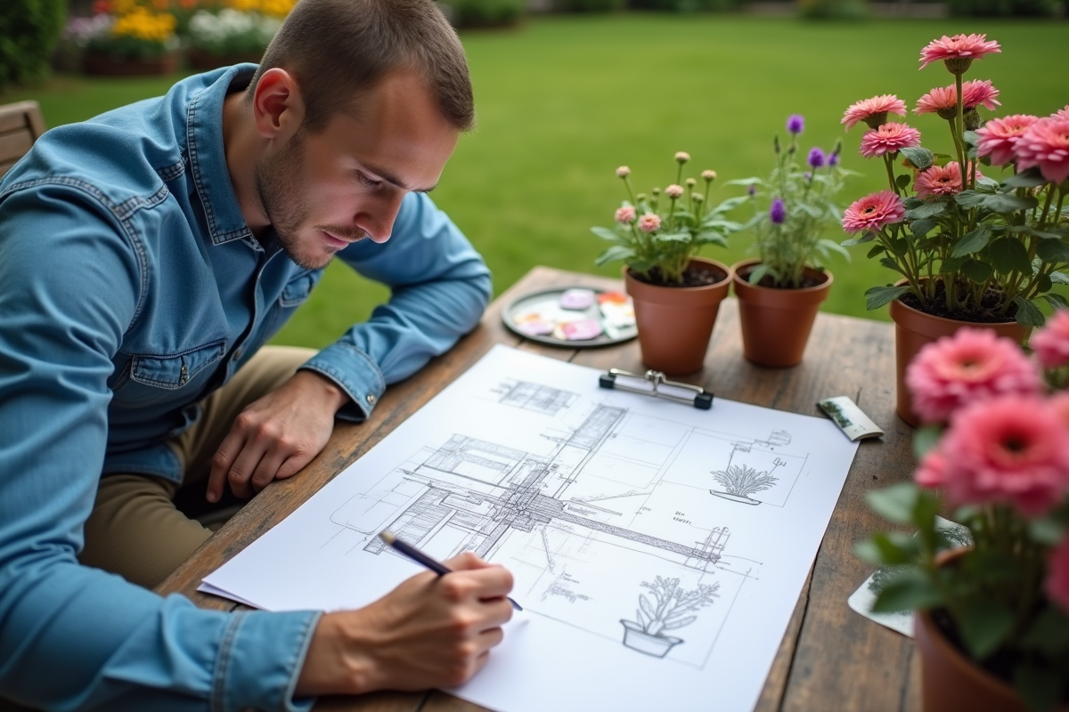 Jeune homme dessinant un plan de jardin sur une table extérieure