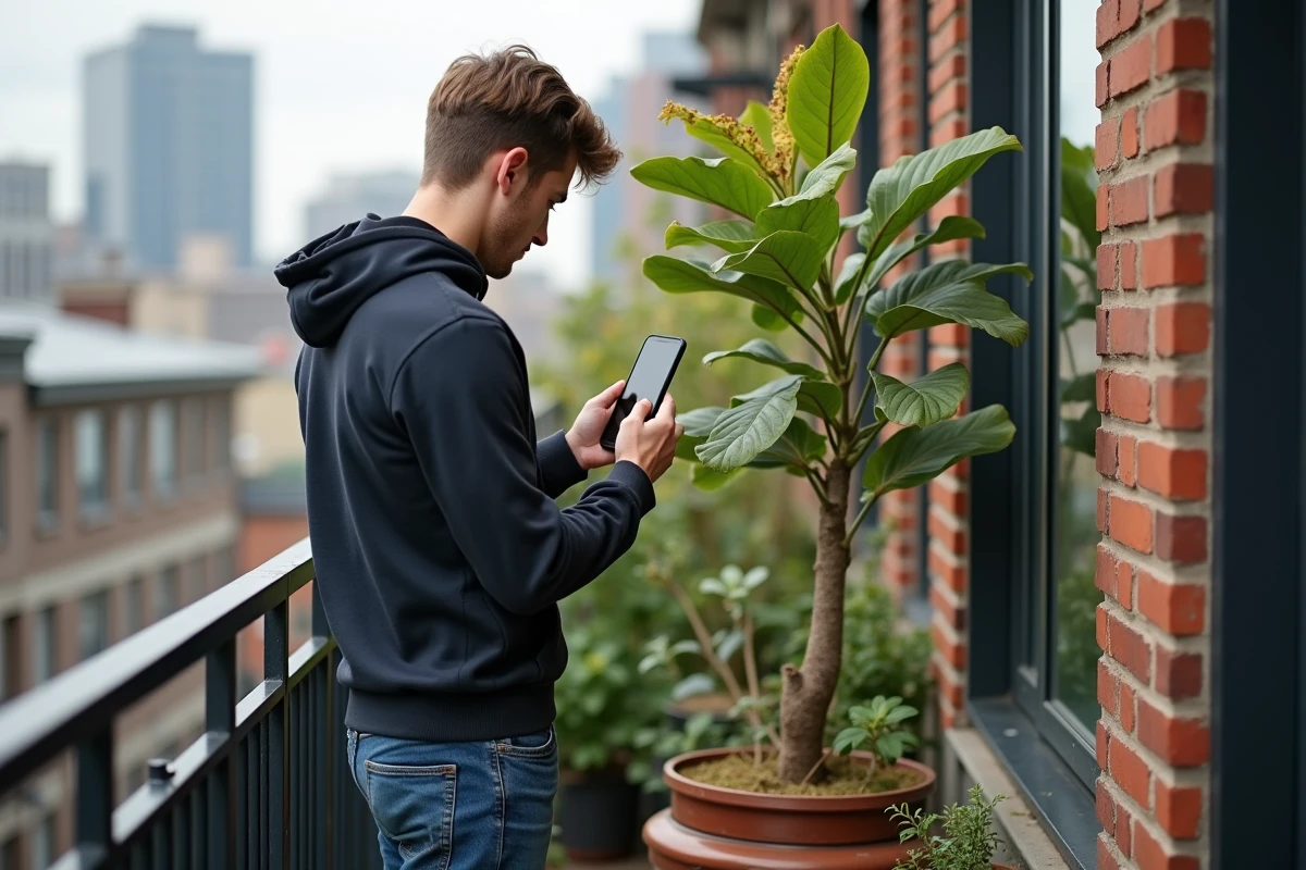 Jeune homme photographiant une feuille de figuier malade sur un balcon