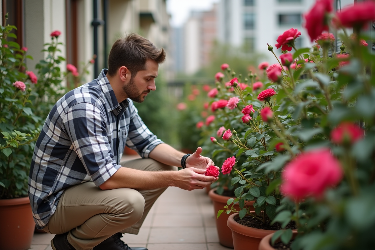 Jeune homme vérifiant les fleurs d’un rosier en terrasse