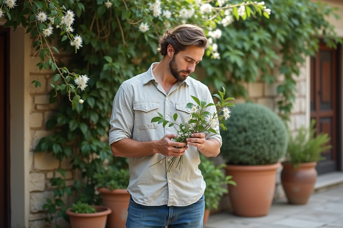 Jeune homme vérifie un jasmin après la taille dans le jardin