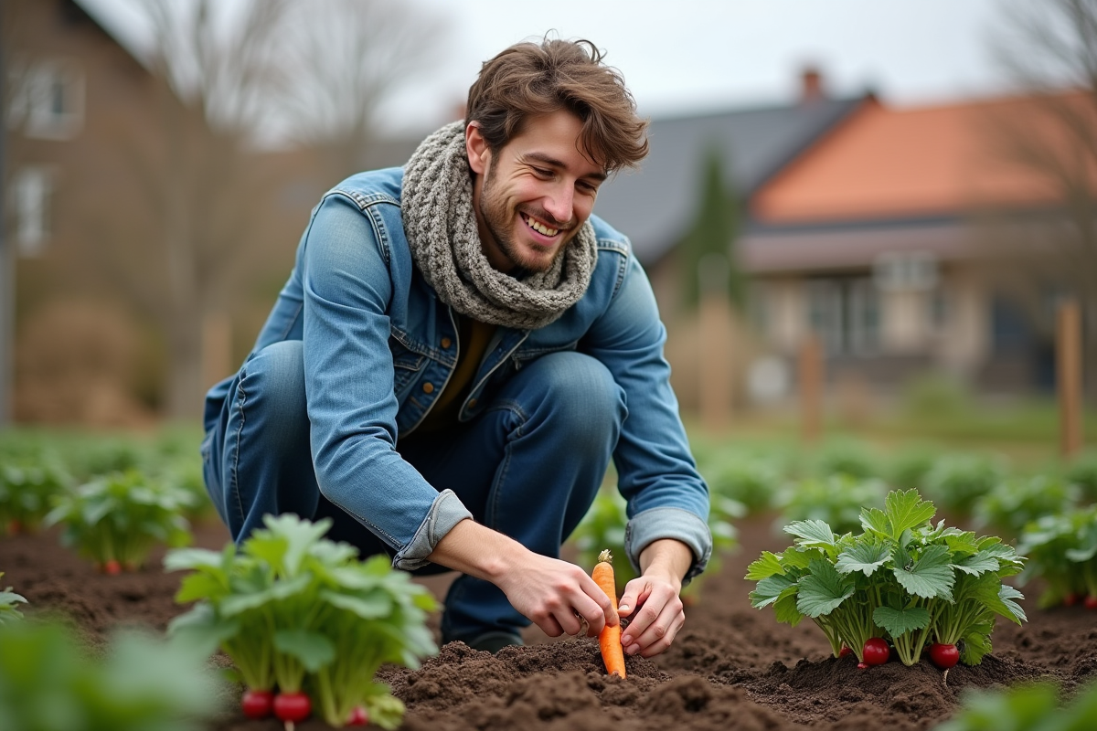 Jeune homme récoltant des carottes dans un jardin communautaire