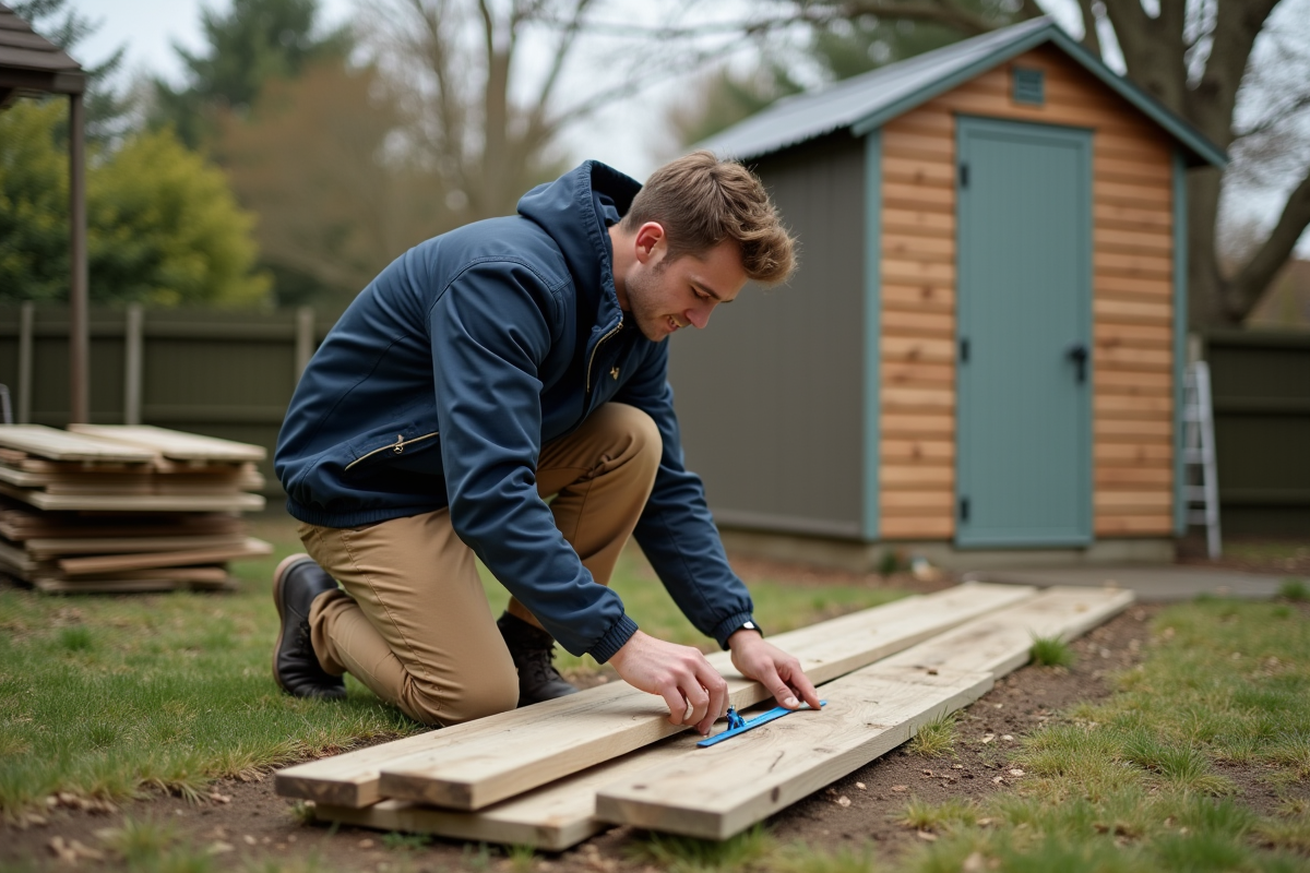 Jeune homme mesurant des planches en bois recyclé