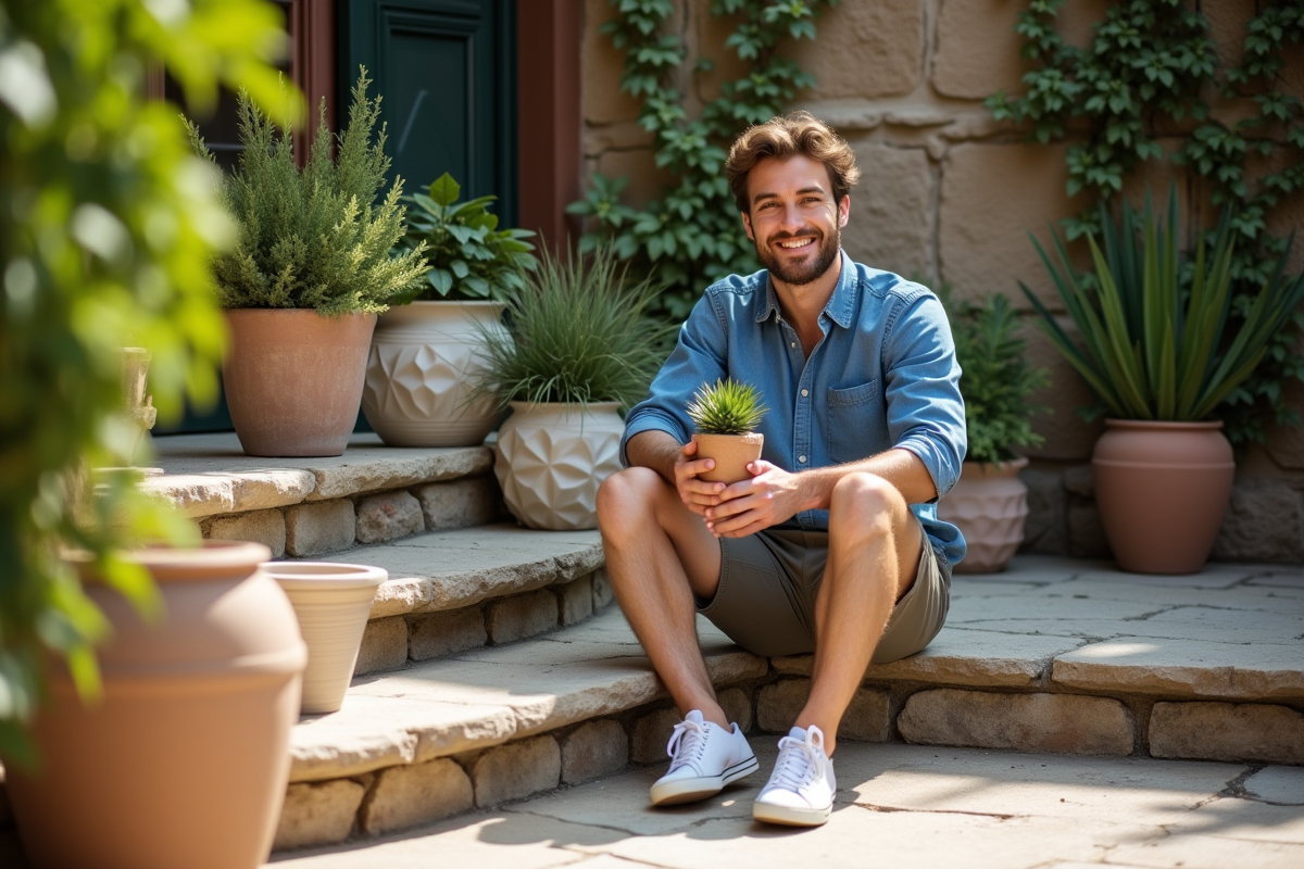 Jeune homme assis avec un pot de fleurs sur un escalier en pierre