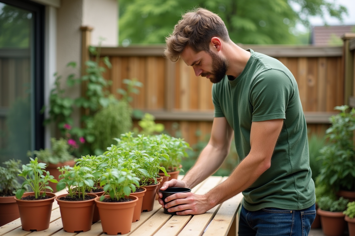 Jeune homme arrangeant des plants de tomates sur une terrasse