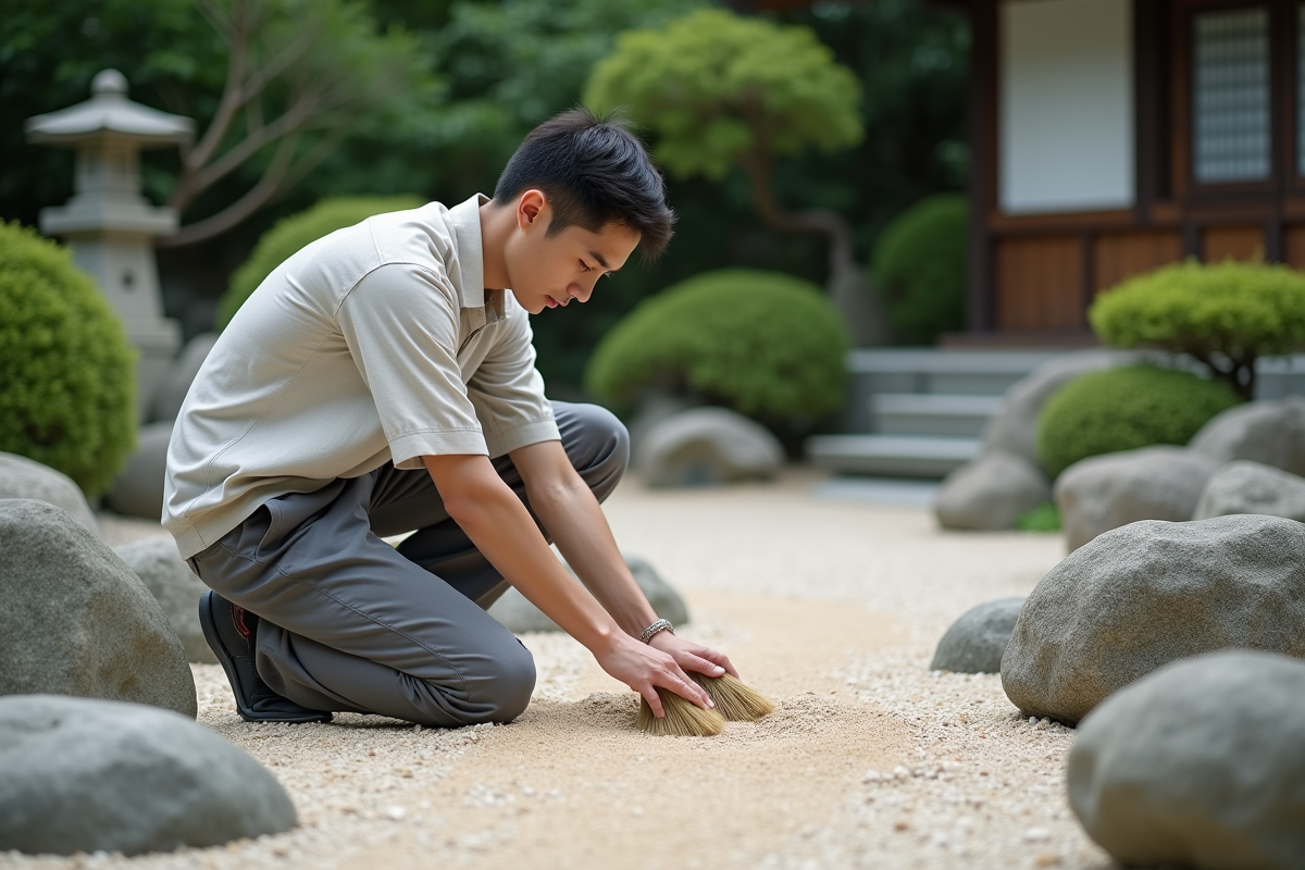 Jeune homme nettoyant des pierres dans un jardin japonais traditionnel