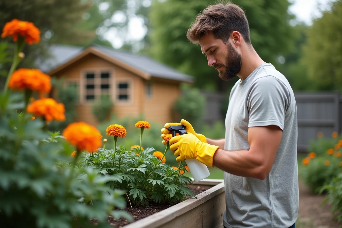 Jeune homme pulvérisant une solution sur des souci