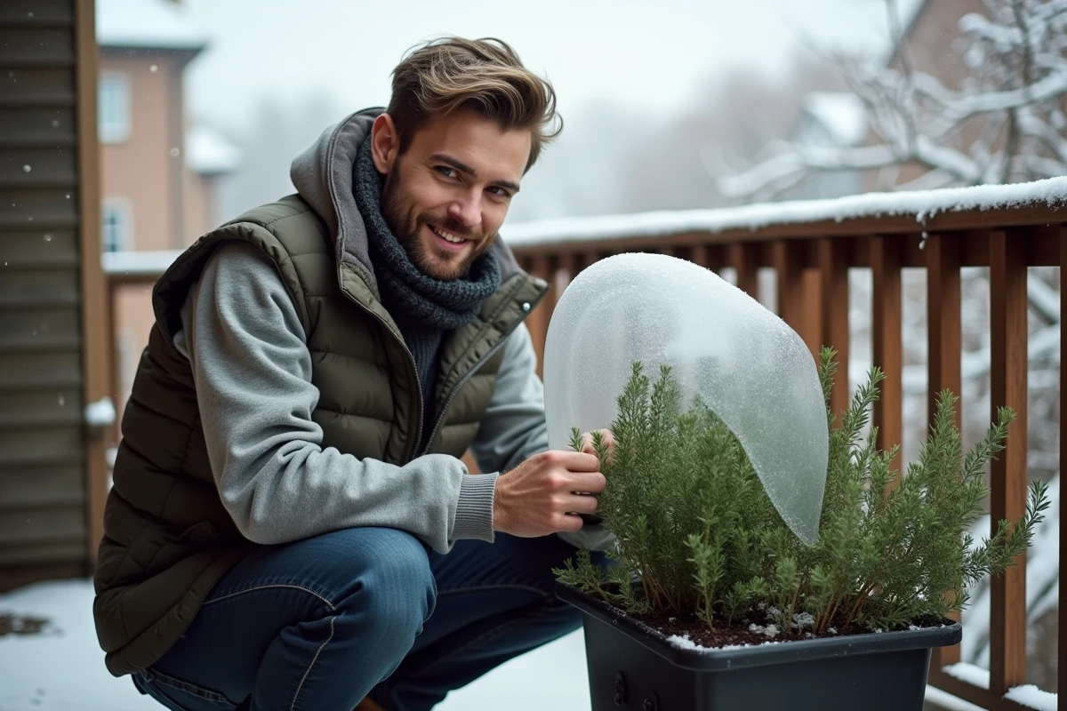 Jeune homme couvre un thym en hiver sur un balcon