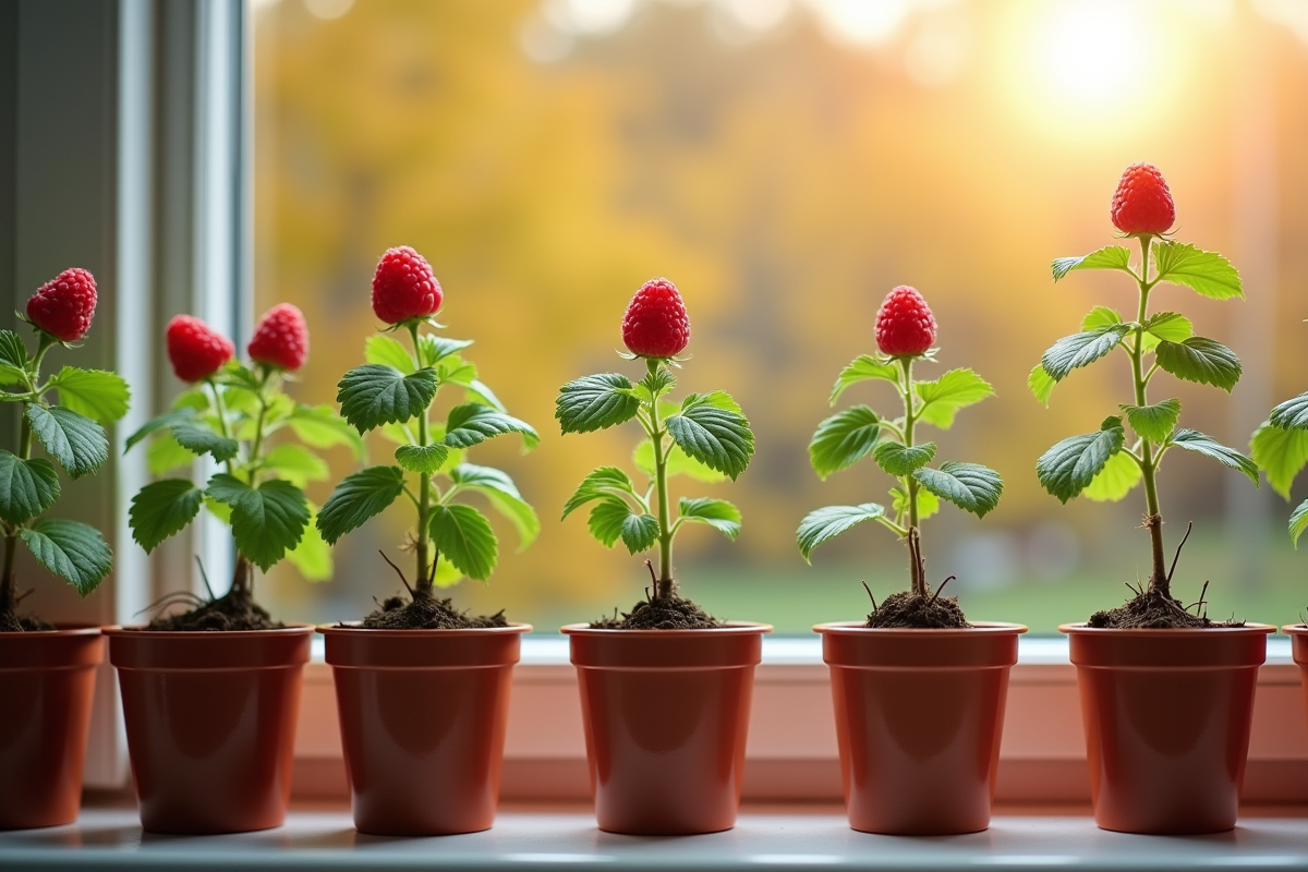 Jeunes plants de framboise en pots sur une fenêtre ensoleillée