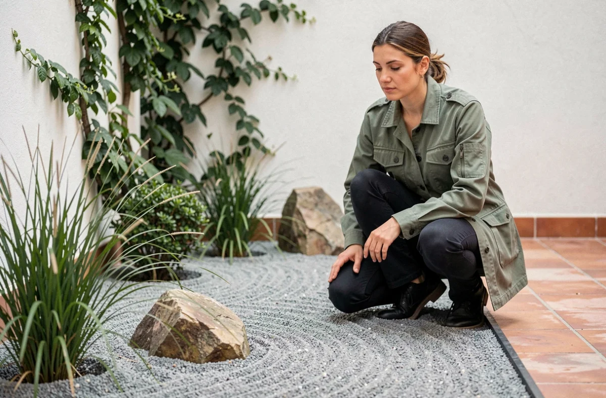 Paysagiste KAORI aménageant un jardin japonisant avec gravier ratissé et pierres ornementales dans une cour toulousaine