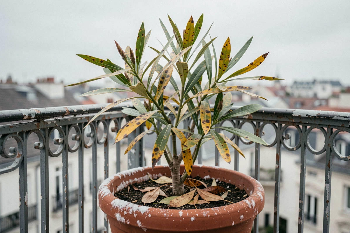 Laurier rose en pot sur balcon urbain avec feuilles jaunies et taches marron indiquant un stress hydrique ou une maladie