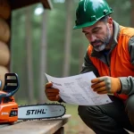 Technicien forestier lisant la fiche technique de la tronçonneuse STIHL MS 211 près d'un établi en bois en extérieur