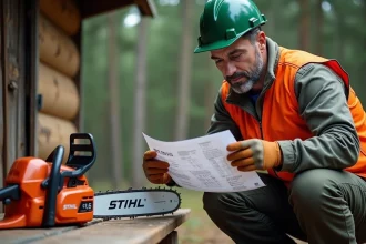 Technicien forestier lisant la fiche technique de la tronçonneuse STIHL MS 211 près d'un établi en bois en extérieur