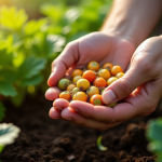 Mains de jardinier tenant des graines mûres dans un jardin ensoleille