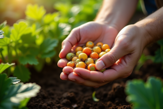 Mains de jardinier tenant des graines mûres dans un jardin ensoleille