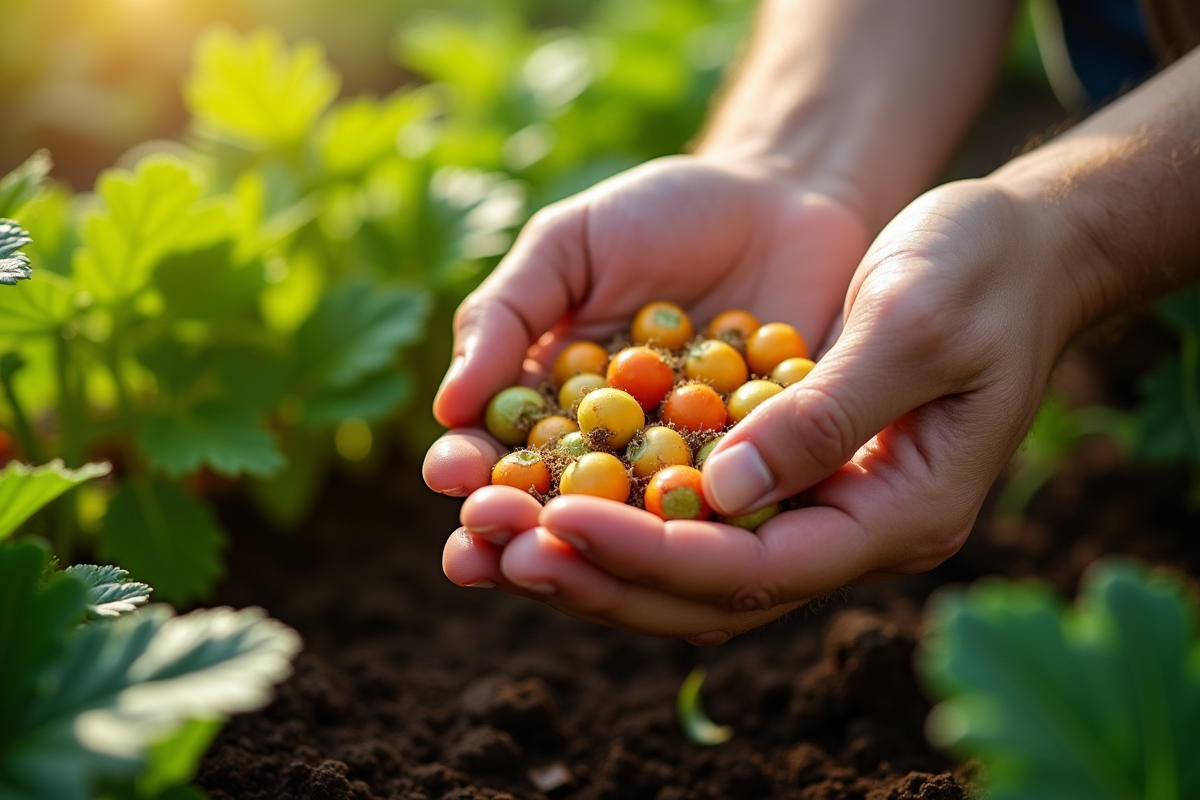 Mains de jardinier tenant des graines mûres dans un jardin ensoleille