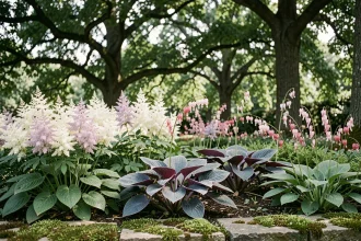 Massif ombragé fleuri en mai avec astilbe, hostas et cœur de Marie sous un couvert d'arbres