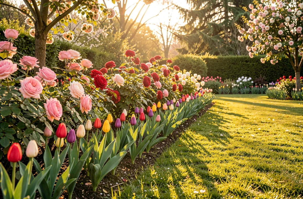 Massifs de rosiers et de bulbes en fleurs au printemps