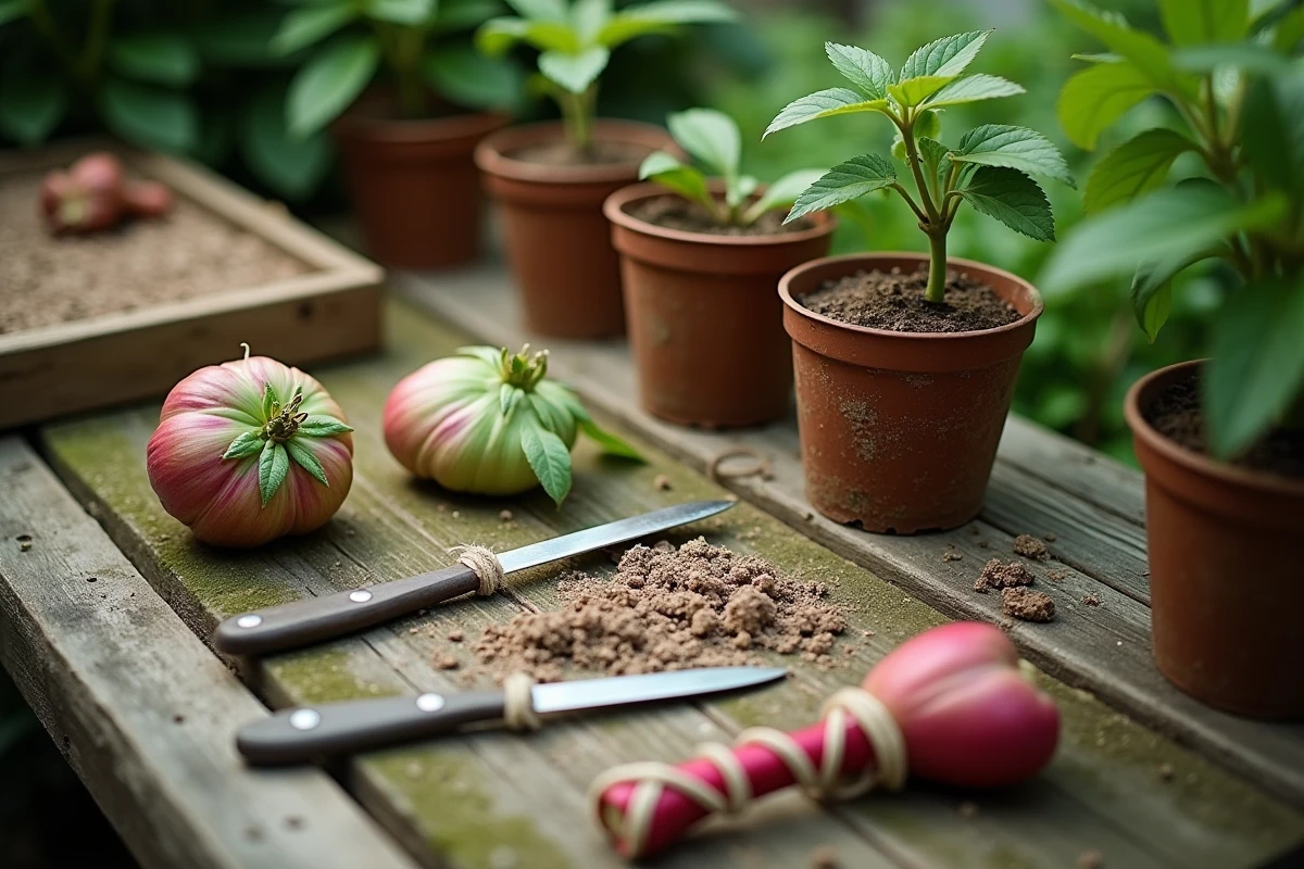 Matériel de greffage de pivoine arbustive disposé sur une table de jardinage en bois avec porte-greffe, greffon et outils spécialisés