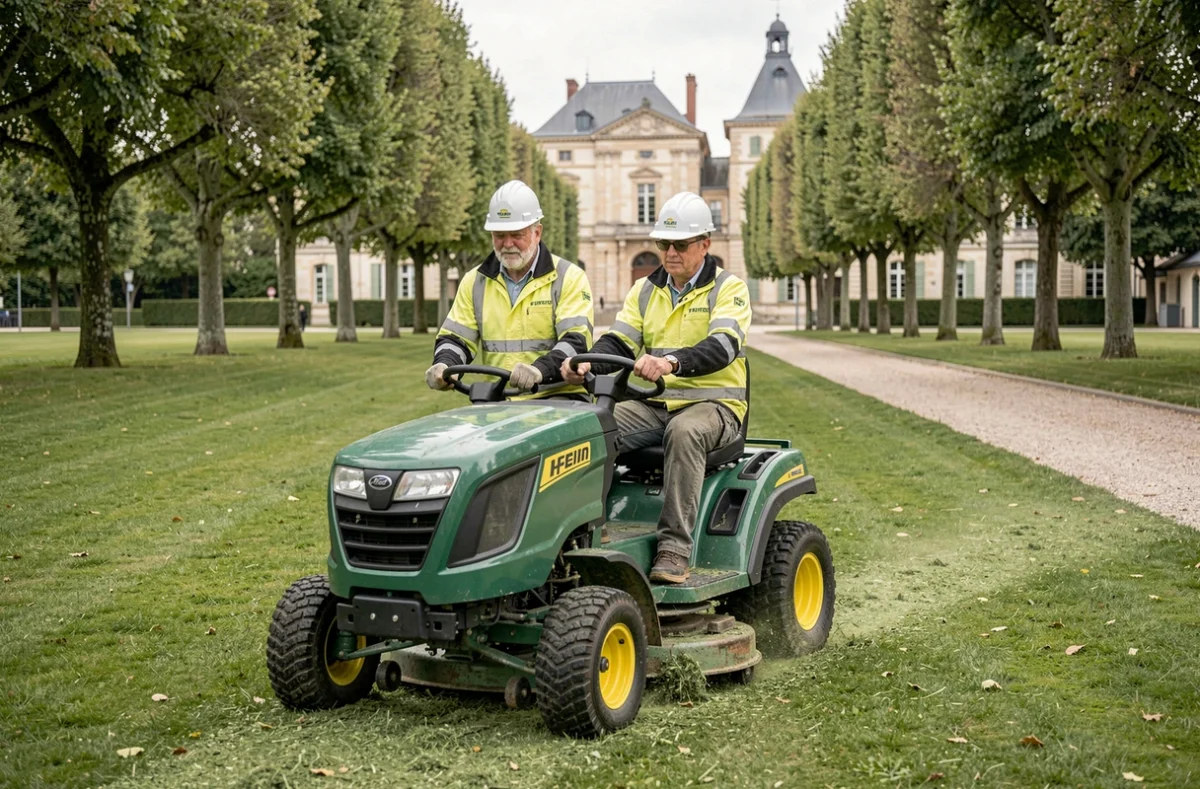 Équipe de MD Environnement entretenant un grand espace vert municipal avec une tondeuse autoportée dans la Sarthe