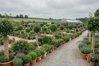 Vue panoramique d'une grande pépinière dans les Hauts-de-France avec des rangées de plantes, arbustes et serres
