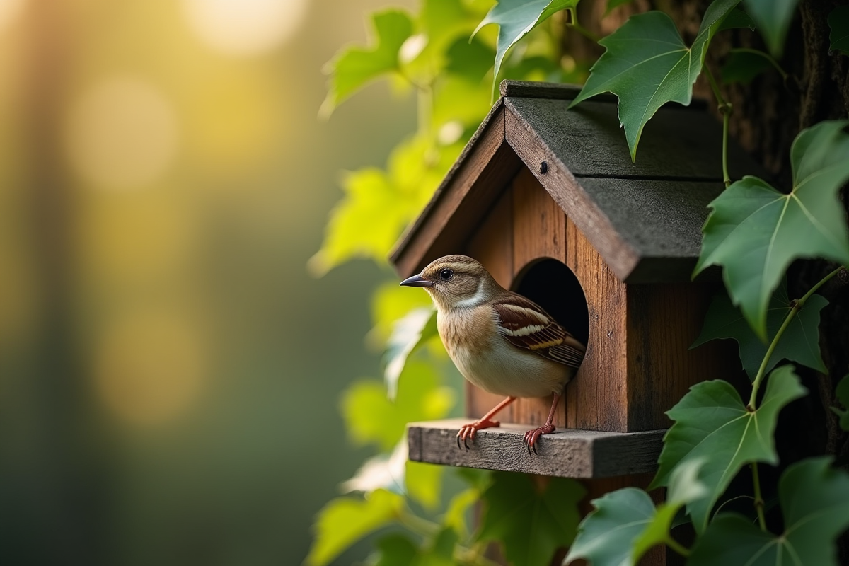 Un merle perché dans une cabane en bois entourée de lierre