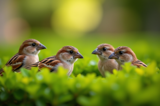 Groupe de merles cachés dans un jardin urbain dense