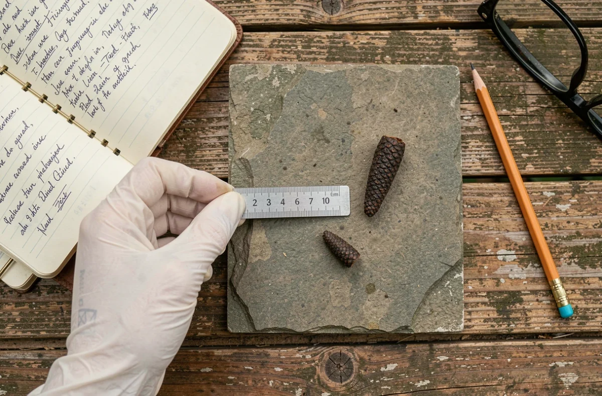 Main gantée avec règle mesurant des crottes de hérisson sur une surface en pierre dans un cadre d'observation naturaliste