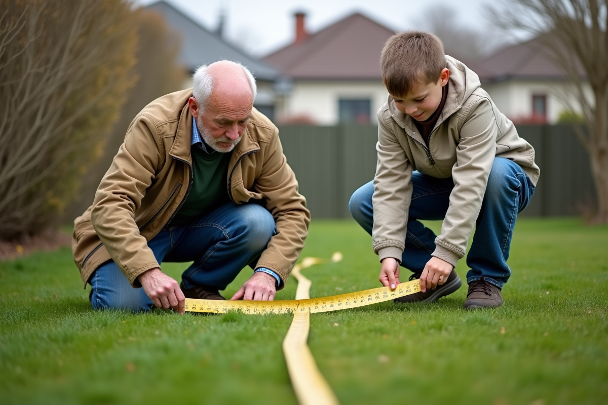 Pere et enfant mesurant un espace dans le jardin