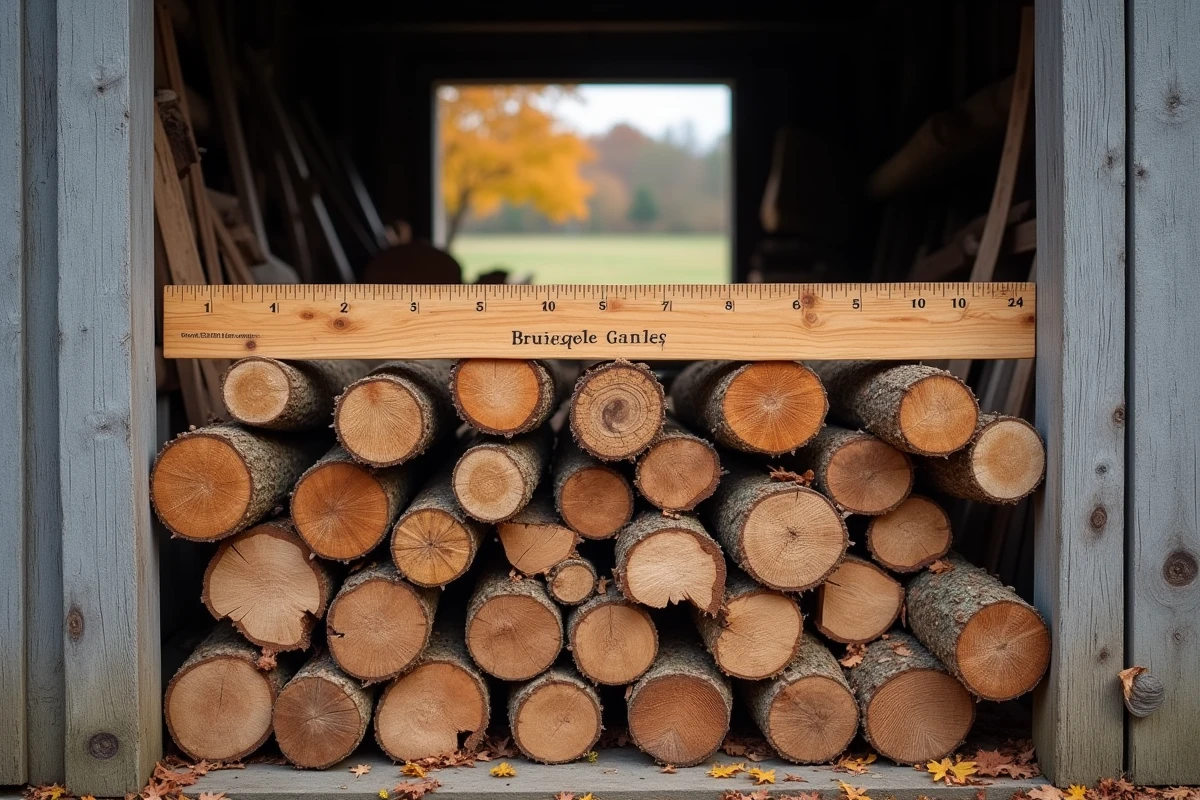 Tas de bois de chauffage rangé contre un mur de grange avec une règle en bois pour mesurer les stères réels