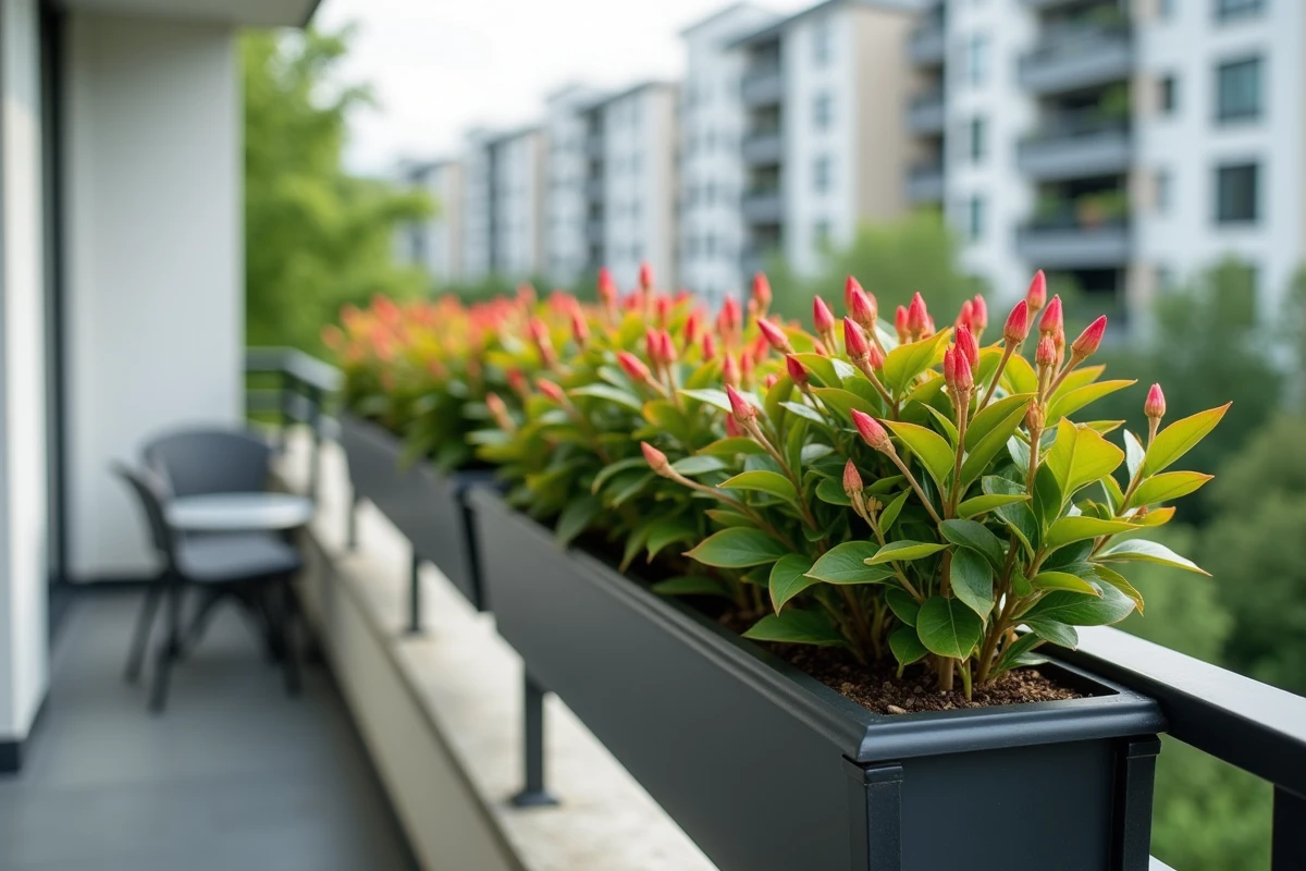 Mini-haie de photinias en jardinière rectangulaire sur balcon d'appartement moderne avec feuillage rouge