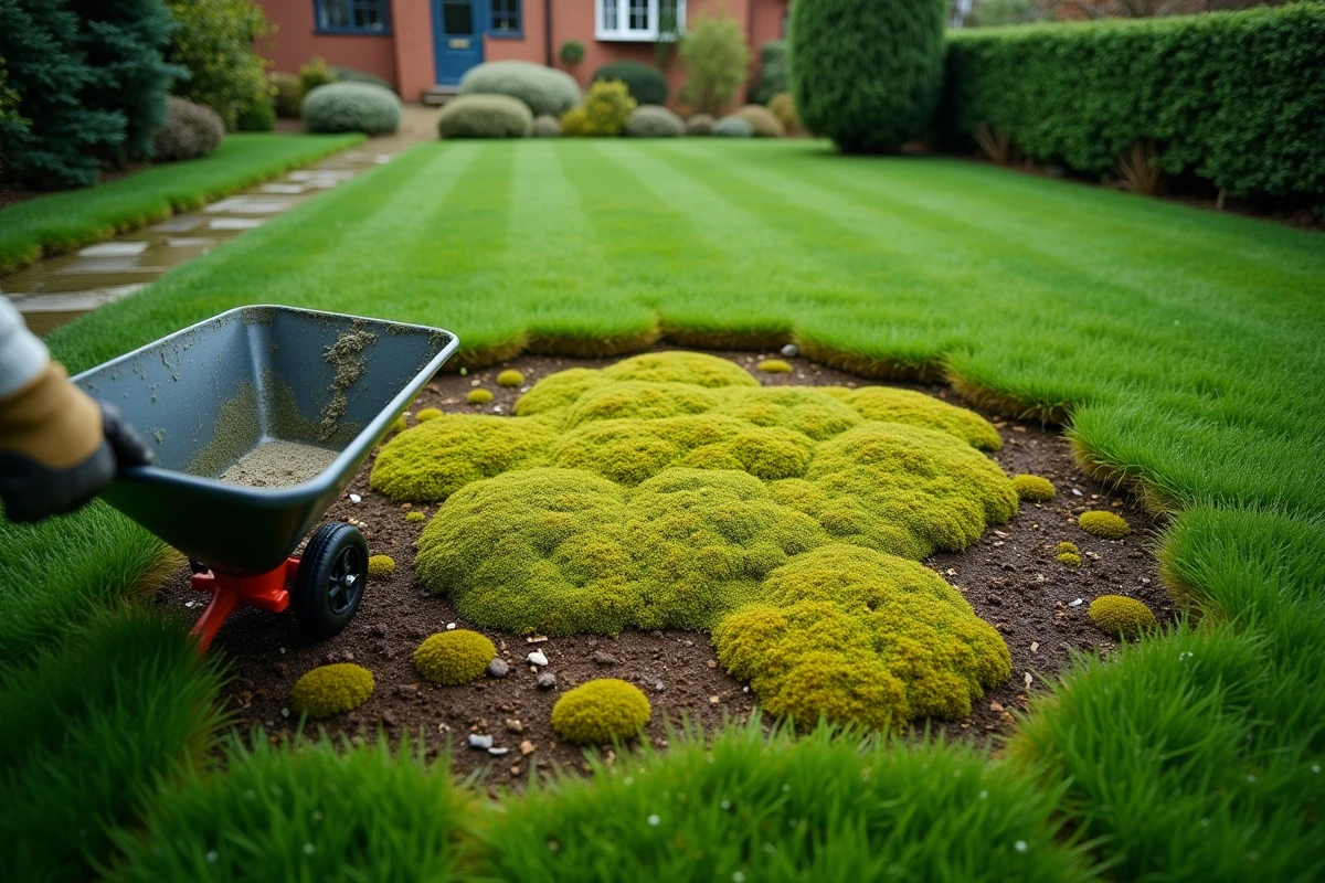 Gros plan sur des plaques de mousse envahissant une pelouse de jardin résidentielle