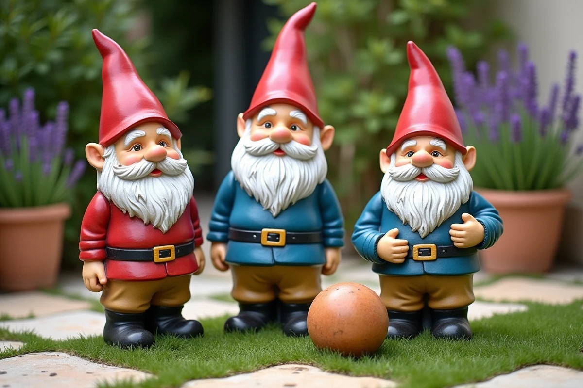 Gros plan sur des nains de jardin géants colorés posés sur la pelouse pour un jeu de plein air en soirée