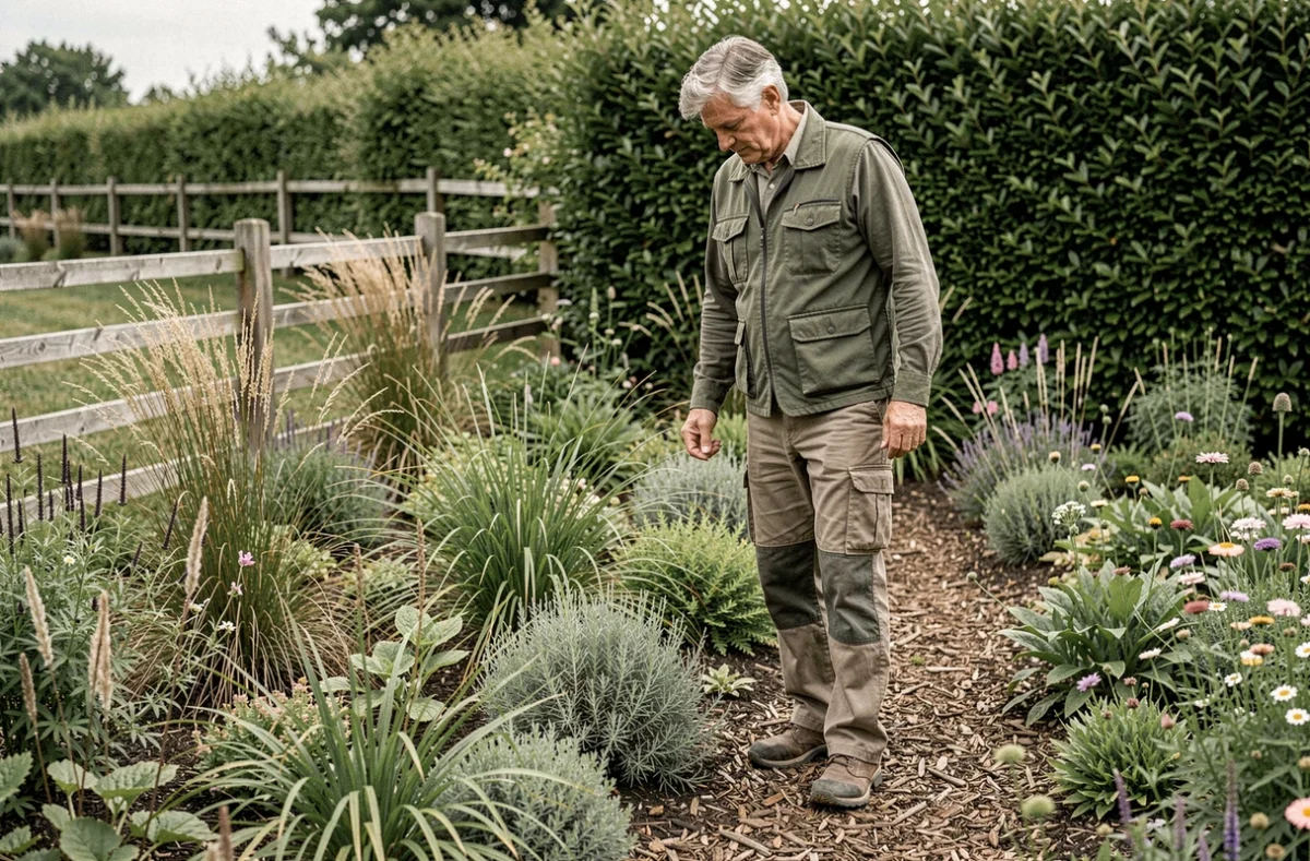 Paysagiste de Nature et Création Paysage inspectant une bordure de jardin naturaliste avec graminées et plantes indigènes en Haute-Garonne