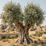 Olivier millénaire au tronc noueux dans un paysage méditerranéen rocailleux, symbole spirituel et ancestral du bassin méditerranéen