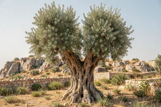 Olivier millénaire au tronc noueux dans un paysage méditerranéen rocailleux, symbole spirituel et ancestral du bassin méditerranéen