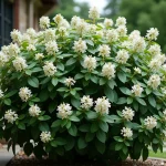 Oranger du Mexique en pleine floraison blanche dans un jardin résidentiel avec feuillage vert brillant