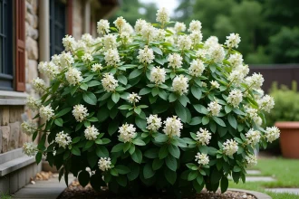 Oranger du Mexique en pleine floraison blanche dans un jardin résidentiel avec feuillage vert brillant
