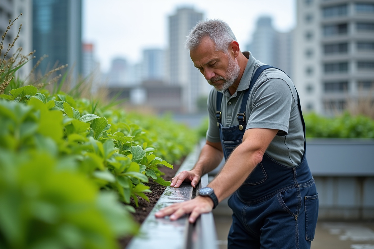 Ouvrier vérifiant un toit végétal urbain avec gouttière