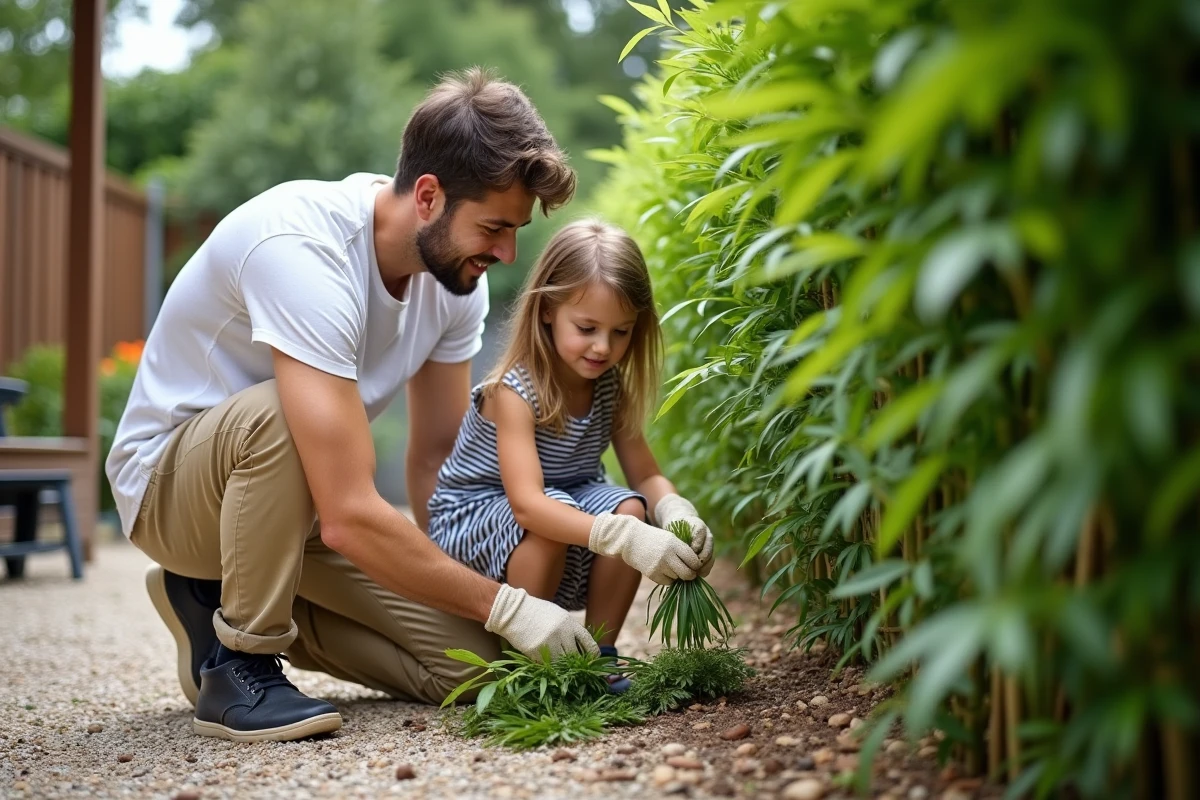 Père et fille découvrant les feuilles de bambou dans le jardin