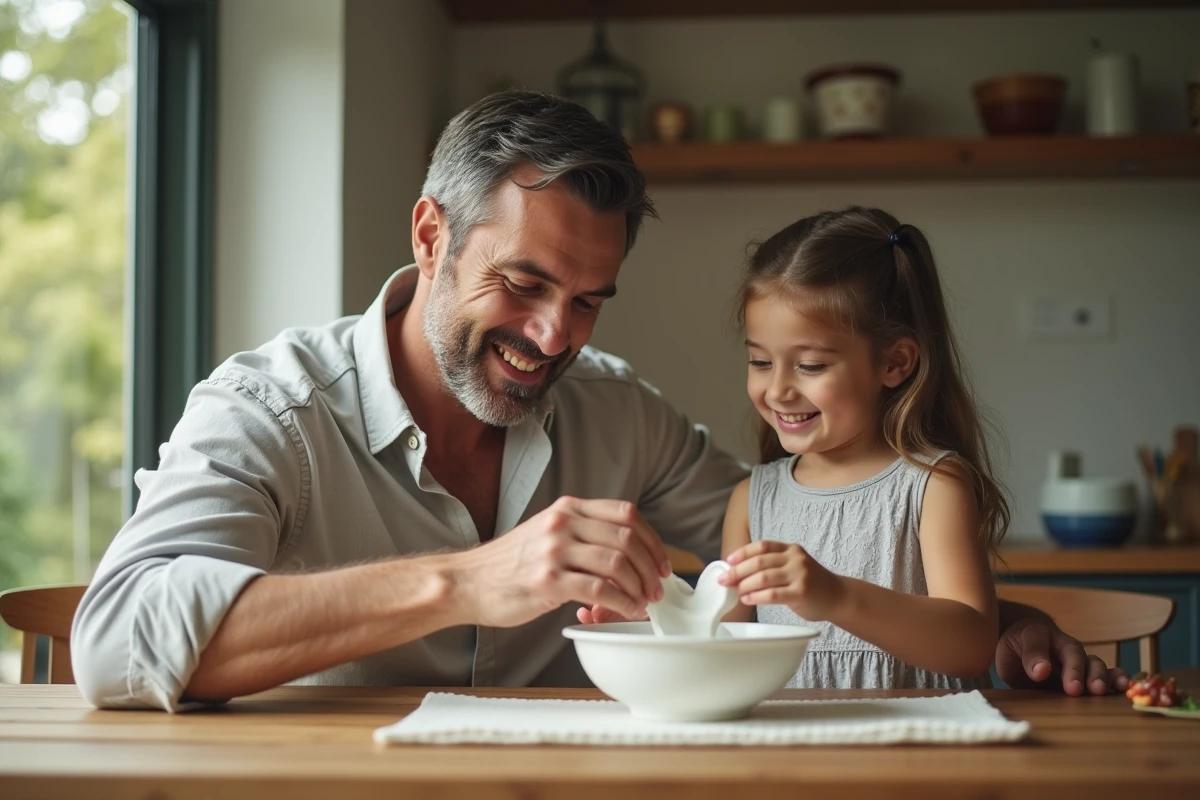 Père montrant sa fille comment faire un nettoyant maison