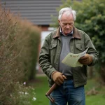 Particulier en jardin avec végétation dense tenant une brochure sur la réglementation des débroussaillants