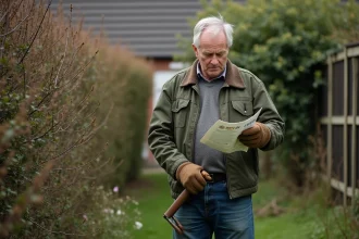 Particulier en jardin avec végétation dense tenant une brochure sur la réglementation des débroussaillants
